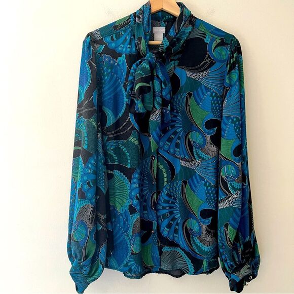 Chicos Peacock Blouse Tie Neck Balloon Statement Sleeve Silky Satin Size 3 16/18 - Picture 2 of 10